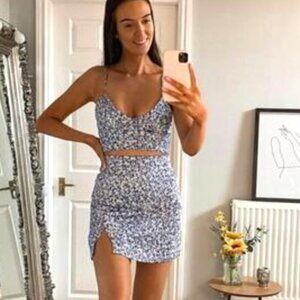 Zara 2 Piece Satin Effect Floral Skirt + Crop Tank Blue White Size Small